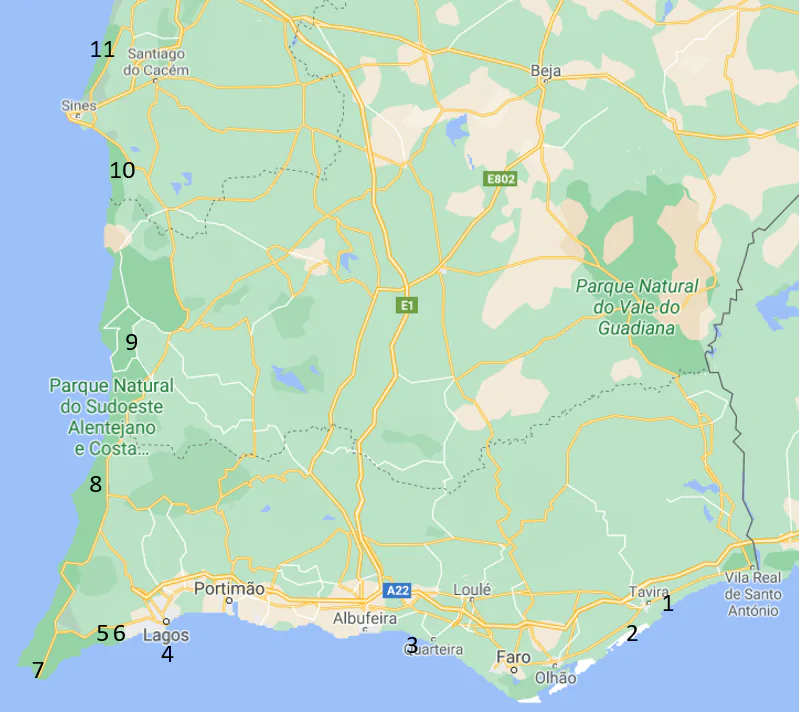 Map of the Algarve with the numbered campsites from this guide