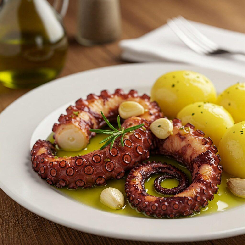 Portugalské jídlo - chobotnice (polvo) s brambory, tradiční pokrm z mořských plodů.