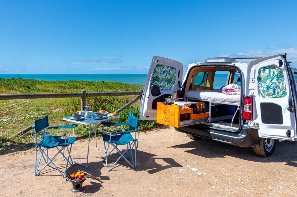 Ocean Camper Indigo campervan rental Algarve Portugal — available in manual and automatic drive, fully equipped for beach adventures.