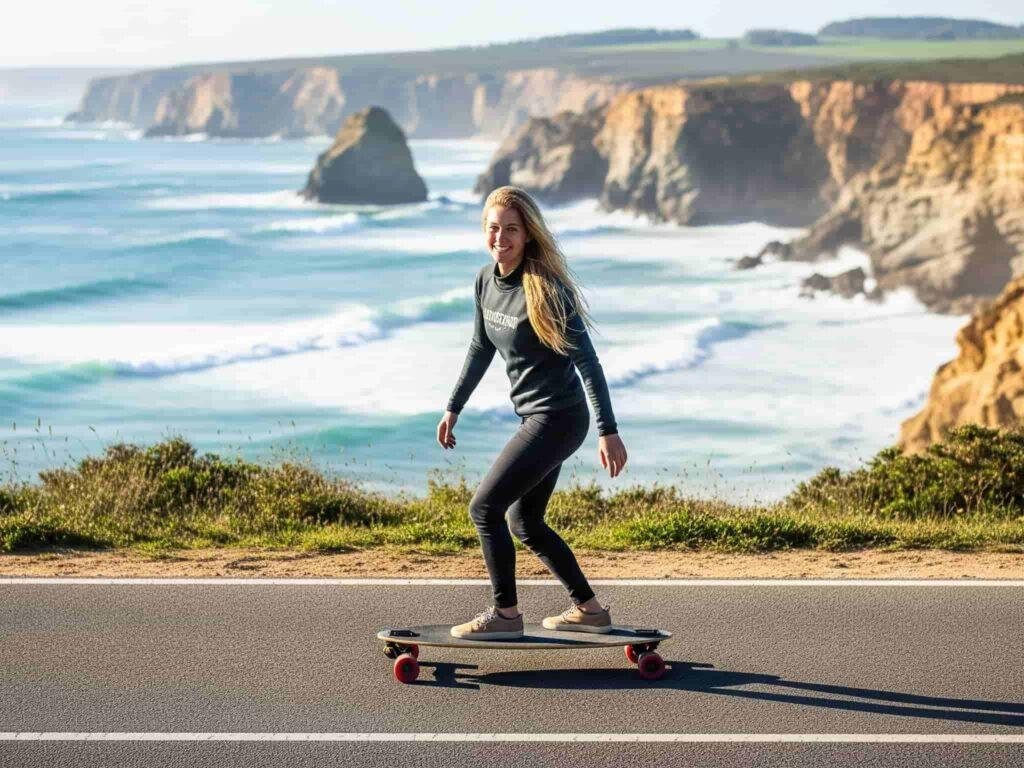 Person longboarding by the Algarve coast, Ocean Camper surf and longboard rental in Portugal.