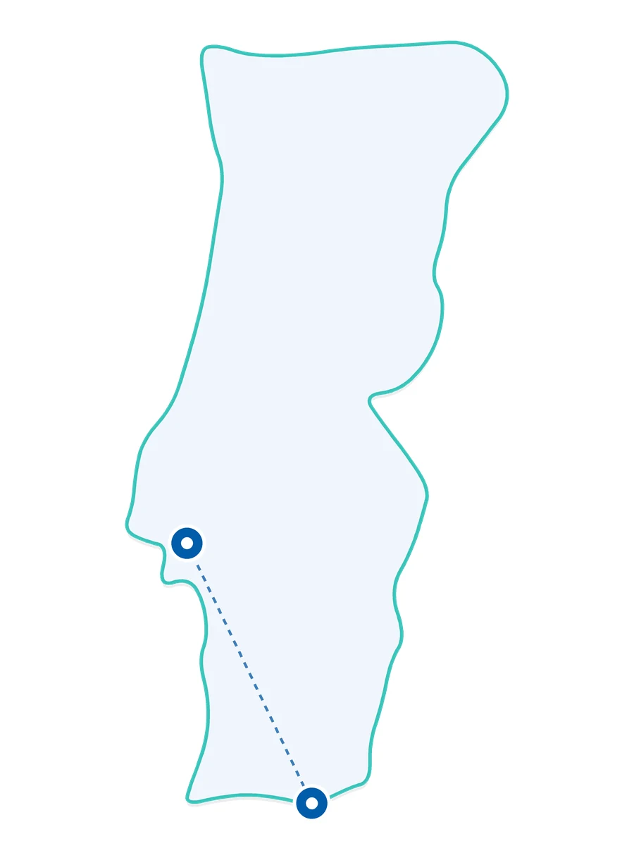 Map of Portugal showing the two Ocean Camper campervan pick-up locations, Lisbon-Montijo and Faro