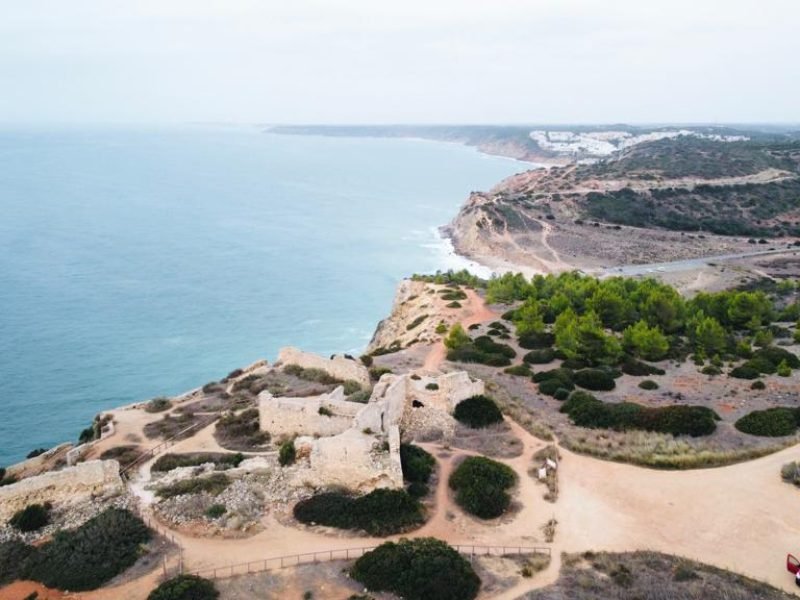 Aerial view of an Ocean Camper van parked near the Algarve coast, wild camping in Portugal.